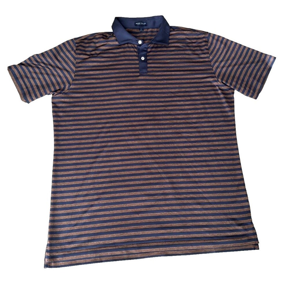 Peter Millar Polo Shirt XL Crown Crafted Short Sleeve Brown Blue Striped Golf